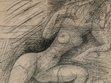 drawing of a nude woman sitting on a couch with her legs crossed