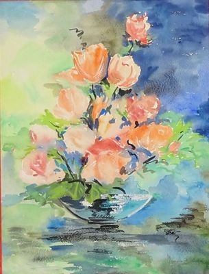 a painting of flowers in a vase on a table