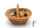 a wicker basket filled with eggs on a white surface