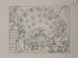 drawing of a group of cartoon characters sitting around a table