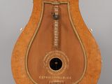 a wooden instrument that is on display on a table