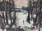 an image of a painting of a snowy landscape with trees in the foreground