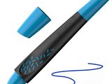 a blue pen with a black tip and blue ink on a white background