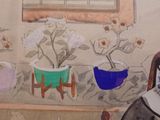 a painting of a woman sitting at a table with flowers