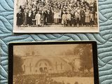 three old black and white photos of people standing in front of a building