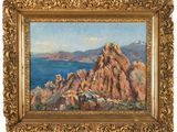 a painting of a rocky cliff with a body of water in the background