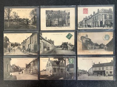 several old black and white photographs of a street with buildings