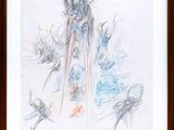 drawing of a woman in a blue dress surrounded by birds