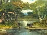 un tableau représentant un homme à cheval dans les bois
