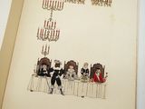 a book with a drawing of people sitting at a table