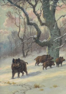 a painting of a herd of wild boars in the snow