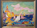 a painting of sailboats on the water with a lighthouse in the background