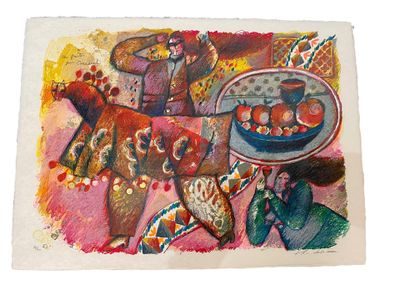 a painting of a bowl of fruit on a table