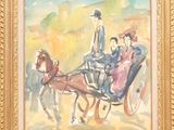 a painting of a horse drawn carriage being pulled by two people