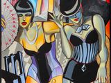painting of two women dressed in black and blue in front of a cityscape