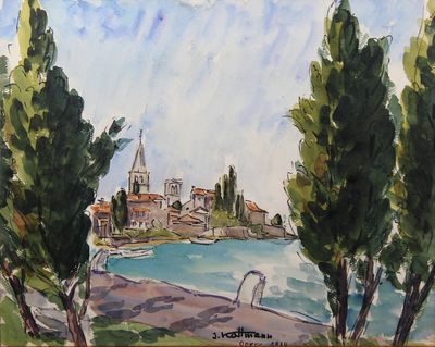 painting of a view of a town from a distance with trees in the foreground