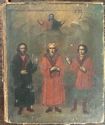 an old painting of three men in red robes standing next to each other