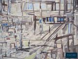a painting of a cityscape with lots of buildings in the background