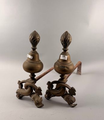 Belle paire de chenets à deux corps de dauphins et d'urnes.