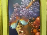 painting of a woman with sunglasses and grapes in her hair