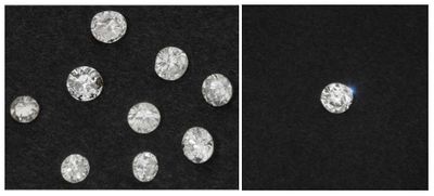 two pictures of diamonds on a black background and one of them has a blue dot