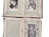 three open books with pictures of a woman and a man on them
