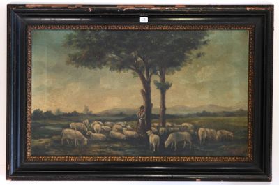 a painting of a man standing in front of a tree with a flock of sheep