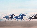 painting of a group of people riding horses on a beach next to the ocean