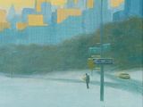 a painting of a man walking down a street