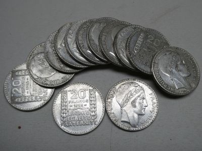 Lot de 13 pièces de 20FR en argent « Turin » - 1938 - 260 g