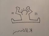drawing of a man on a skateboard with a sticker on it