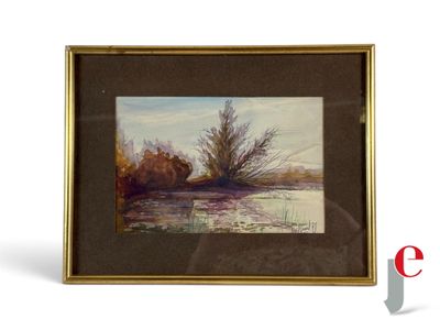 a painting of a river with trees in the background