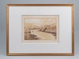 a drawing of a mountain scene with a river in the foreground