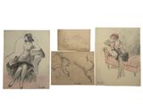 four drawings of a woman sitting on a chair and a man sitting on a chair