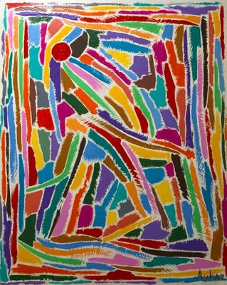 a painting of a colorful abstract painting on a white wall