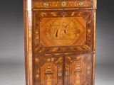 an antique wooden cabinet with a marble top and drawers