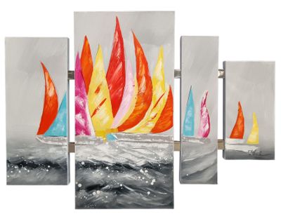 Peinture sur toile représentant des voiliers multicolores sur l'océan