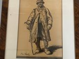 framed drawing of a man in a coat and hat holding a cane