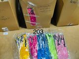 many bags of different colored items on the floor