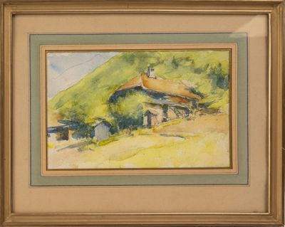 une image représentant une aquarelle d'une maison sur une colline