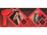 a close up of a red fire extinguisher and a hand holding a hose