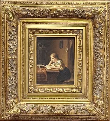 an image of a painting of a woman reading a book in a room