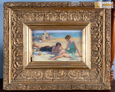 une photo d'un tableau représentant deux personnes sur la plage