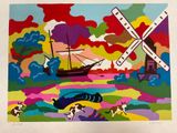 a picture of a painting of a windmill and a boat