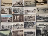 several old black and white photographs of people and buildings
