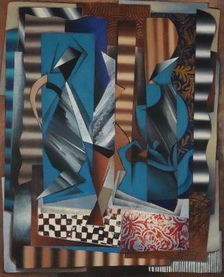 un tableau représentant un vase bleu et une nappe à carreaux noirs et blancs