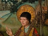 an image of a painting of a woman with a goat in a field