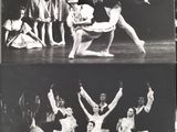 two black and white photos of a group of people on a stage