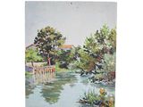 an image of a painting of a river with a bridge in the background