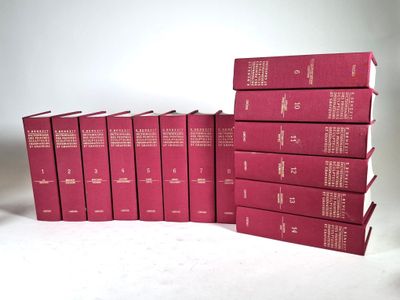 six red books stacked on top of each other on a white surface